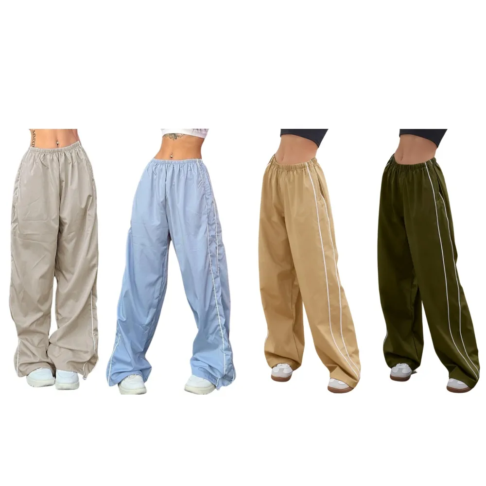 Women's Parachute Wideleg Baggy Pants Elastic Waist Casual Track Trousers