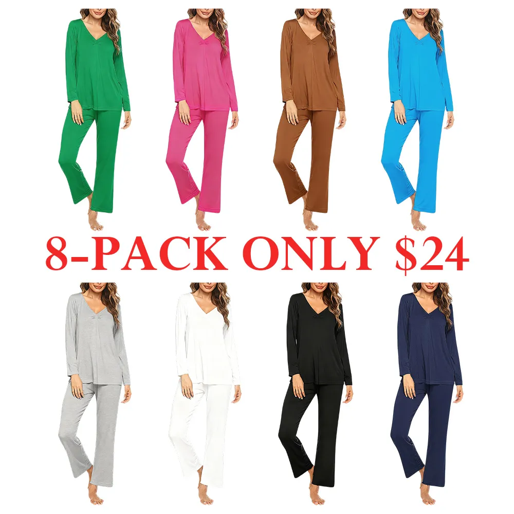 Women's V-neck long-sleeved top + trousers casual two-piece set