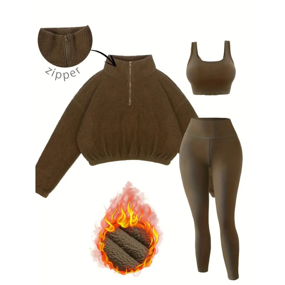 Women's 3-Piece Workout Set (Half-Zip Top, Bra, Yoga Pants)