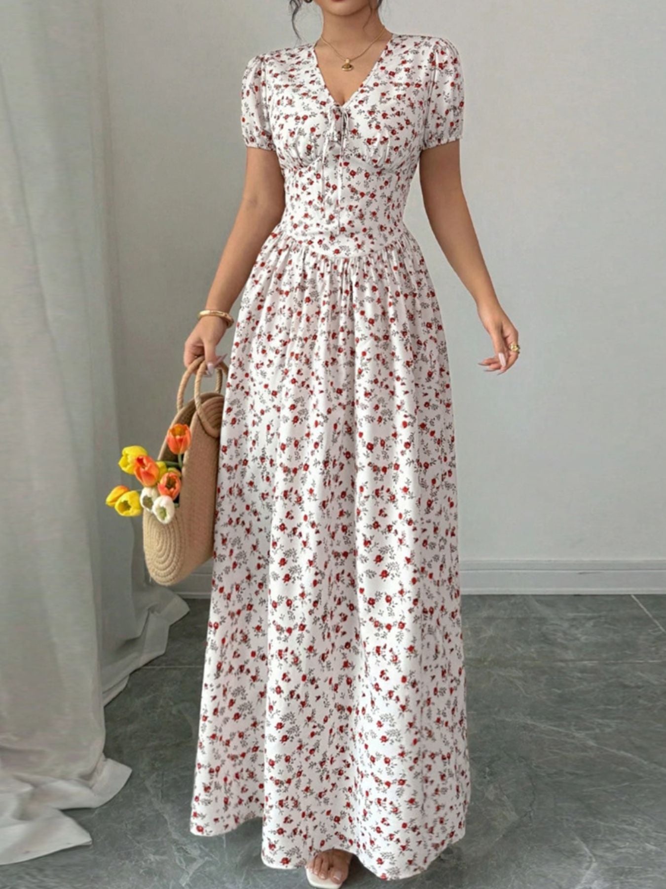Floral Print V-Neck Maxi Dress