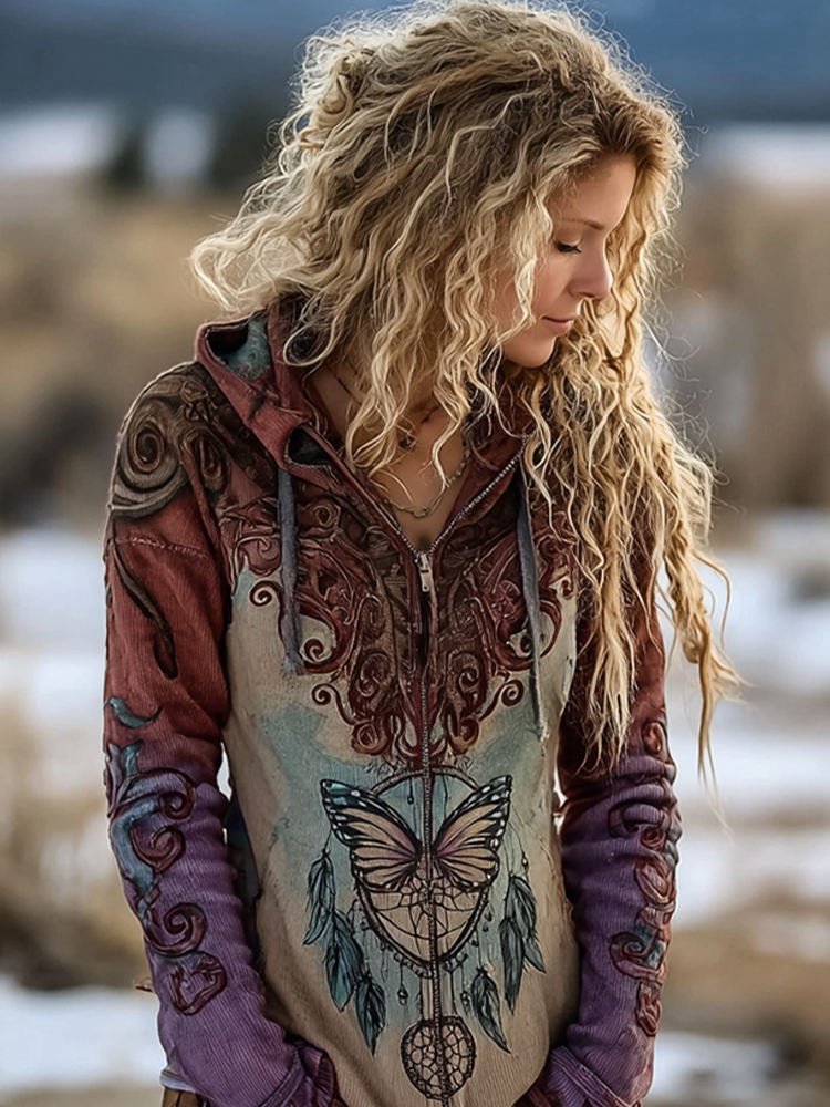 Bohemian Style Dream Catcher Pattern Design Women's Hooded Sweater Coat