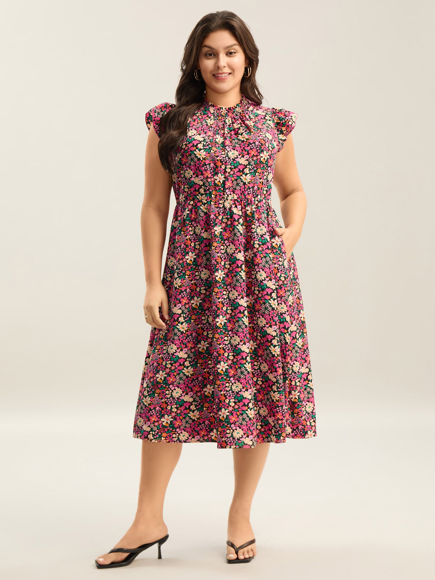 Floral Print Shirred Pockets Midi Dress