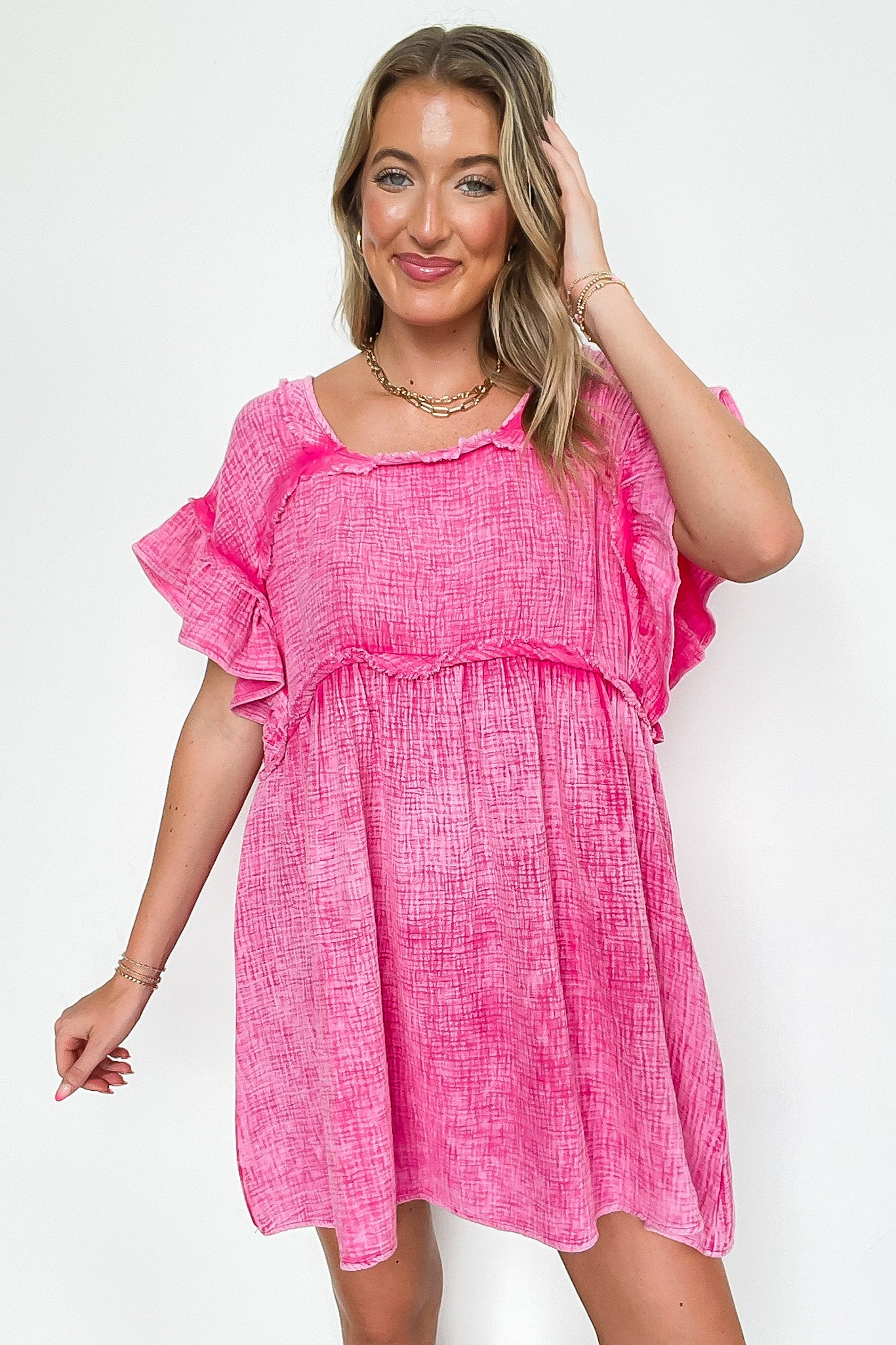 Mineral Washed Square-Neck Ruffle Sleeve Dress