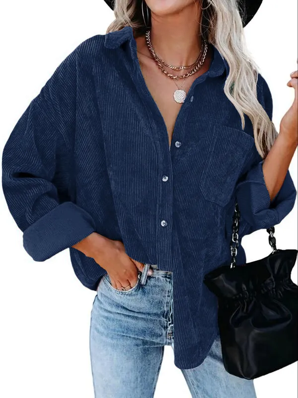 Women's Plain Pocket Button Front Corduroy Shirt