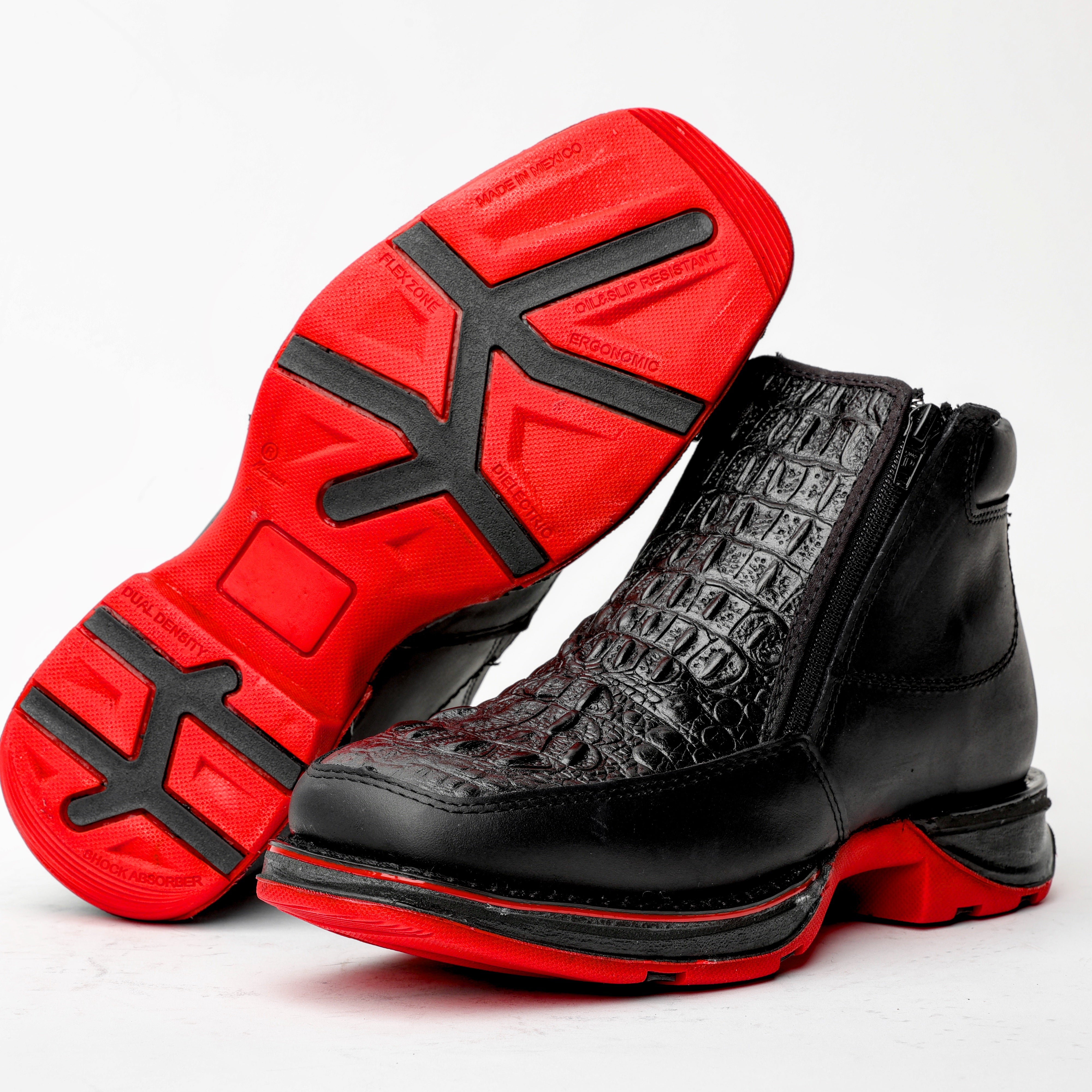 Black Caiman Leather Botin With 3D Lightweight Soles - Square Toe