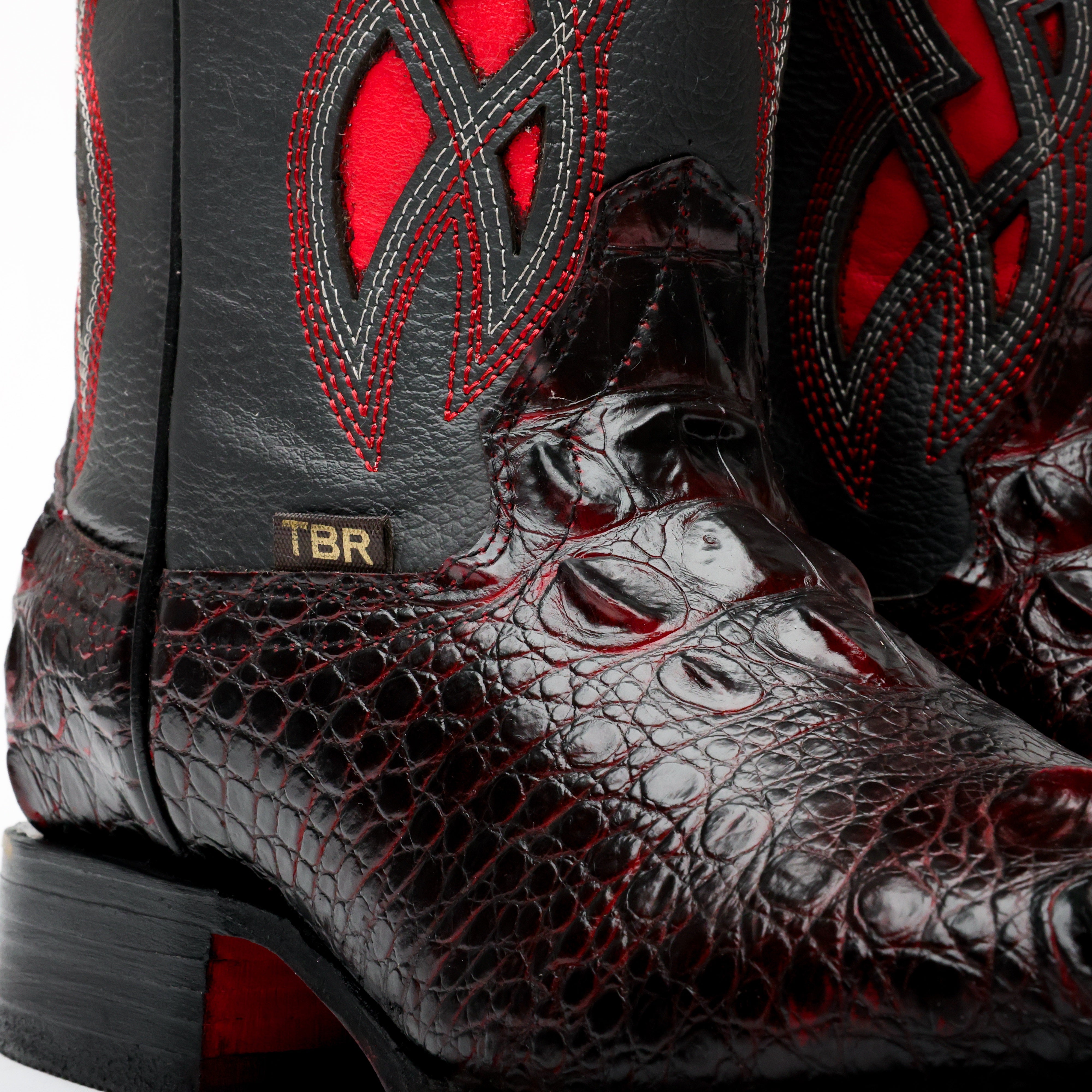 Black Cherry Giant Caiman Neck Leather Boots - Square Toe