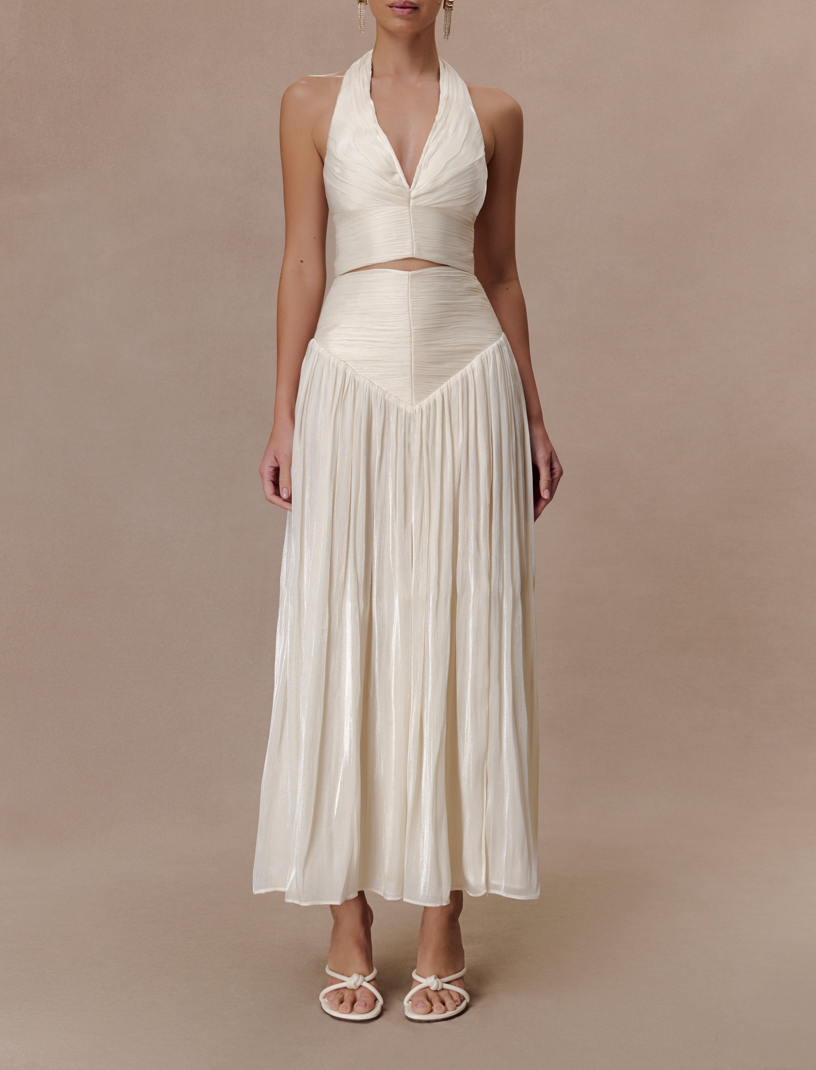 White Gathered Midi Skirt