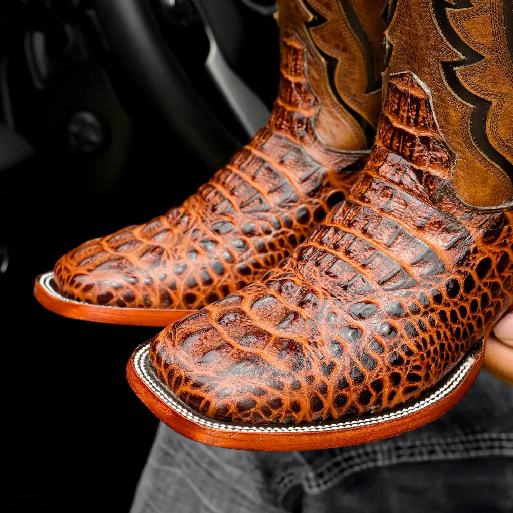 Cognac Caiman Neck Leather Boots - Square Toe