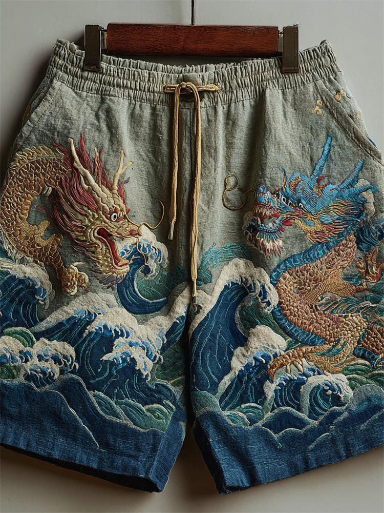 Japanese Dragons & Sea Waves Embroidered Linen Shorts