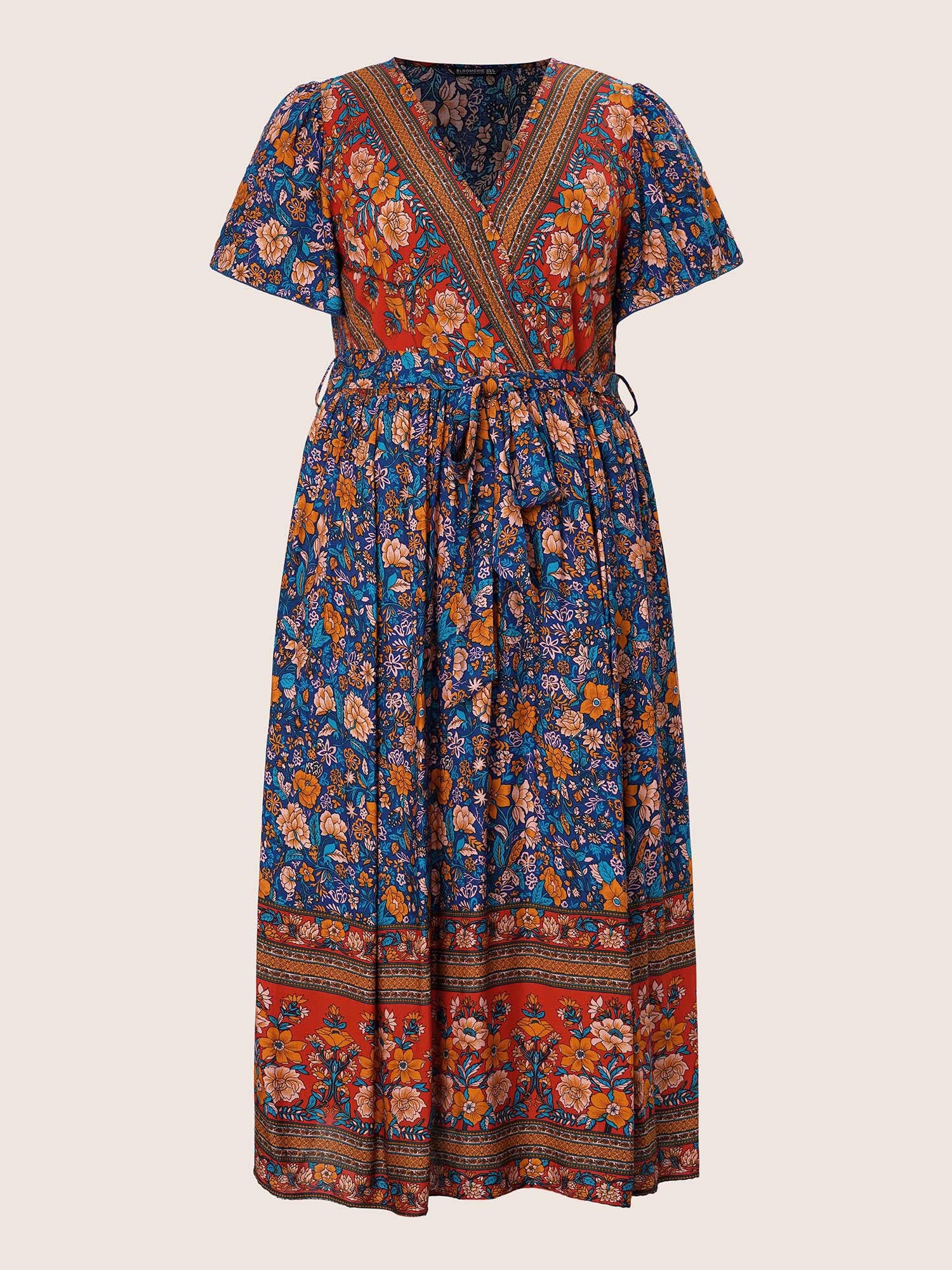 Bandana Surplice Neck Pocket Belted Flutter Hem Maxi Dress
