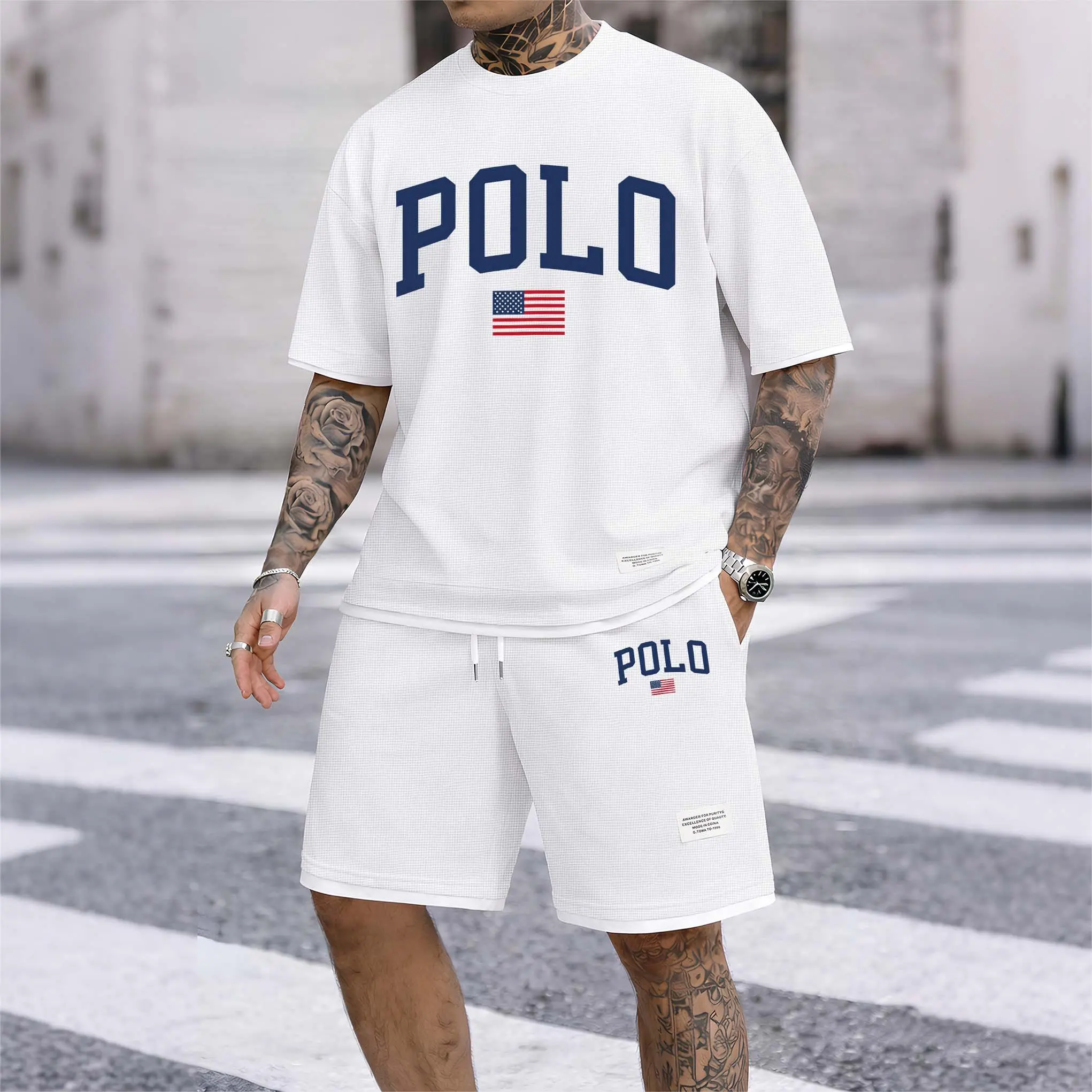 Men's Polo Print Drawstring Shorts Set For Spring/Summer- A Casual Summer Outfit, Including A Short-Sleeved Shirt And Shorts