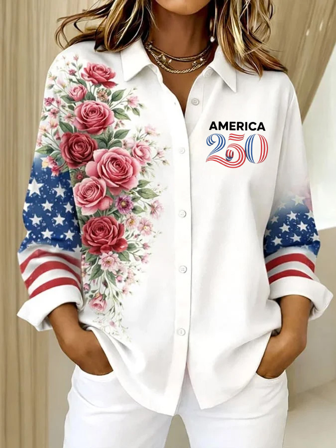 Ladies' Casual 250Th Anniversary Celebration Lapel Button Up Shirt