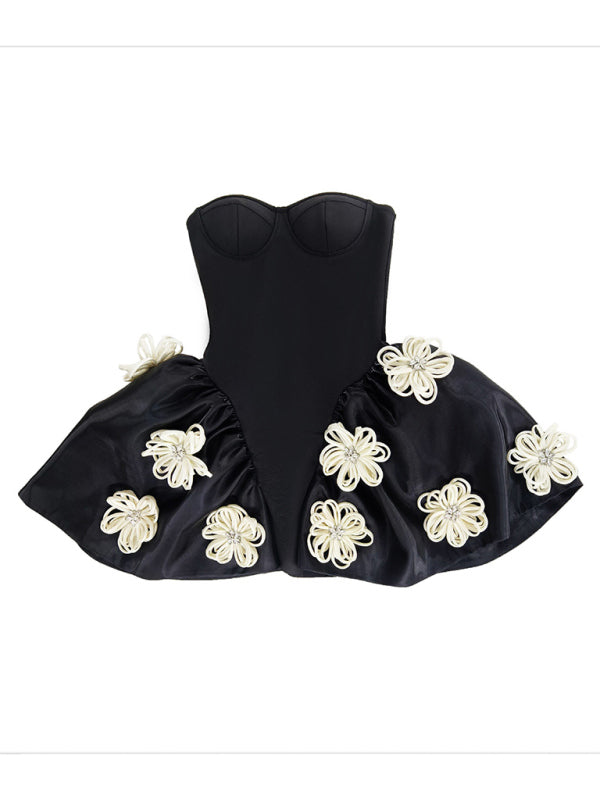 Black Floral Bandage A-Line Mini Dress With Tutu