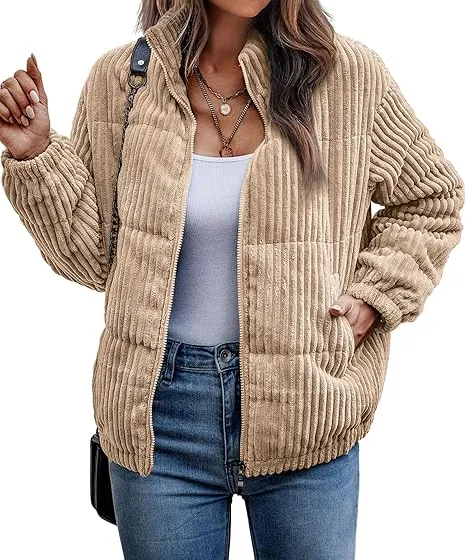 Women's Bomber Jacket Corduroy Ribbed Quilted Zip Up Long Sleeve Winter Coat Fall Outerwear Tops with Pockets