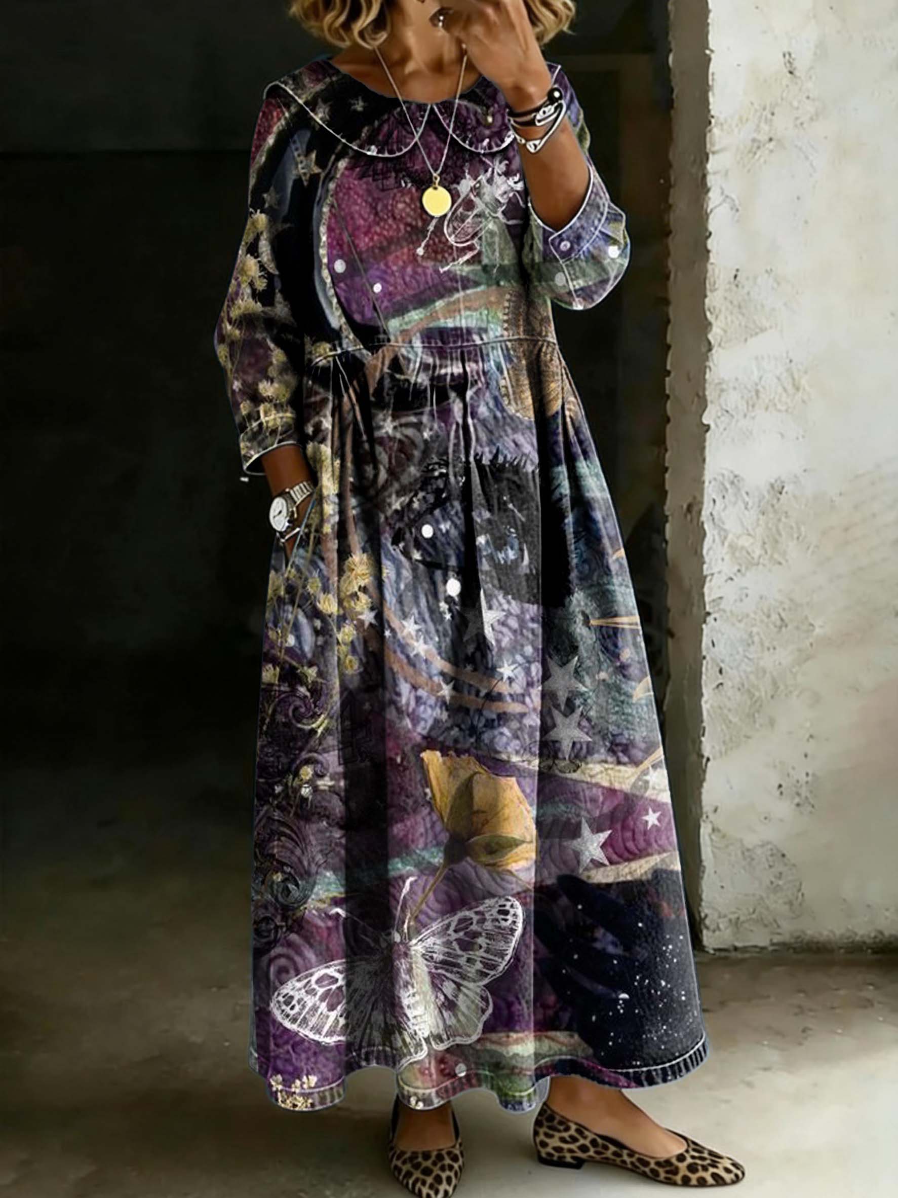 Women's Witchcraft Art Print Lapel Collar Pleated Long Sleeve Casual Loose Denim Dress