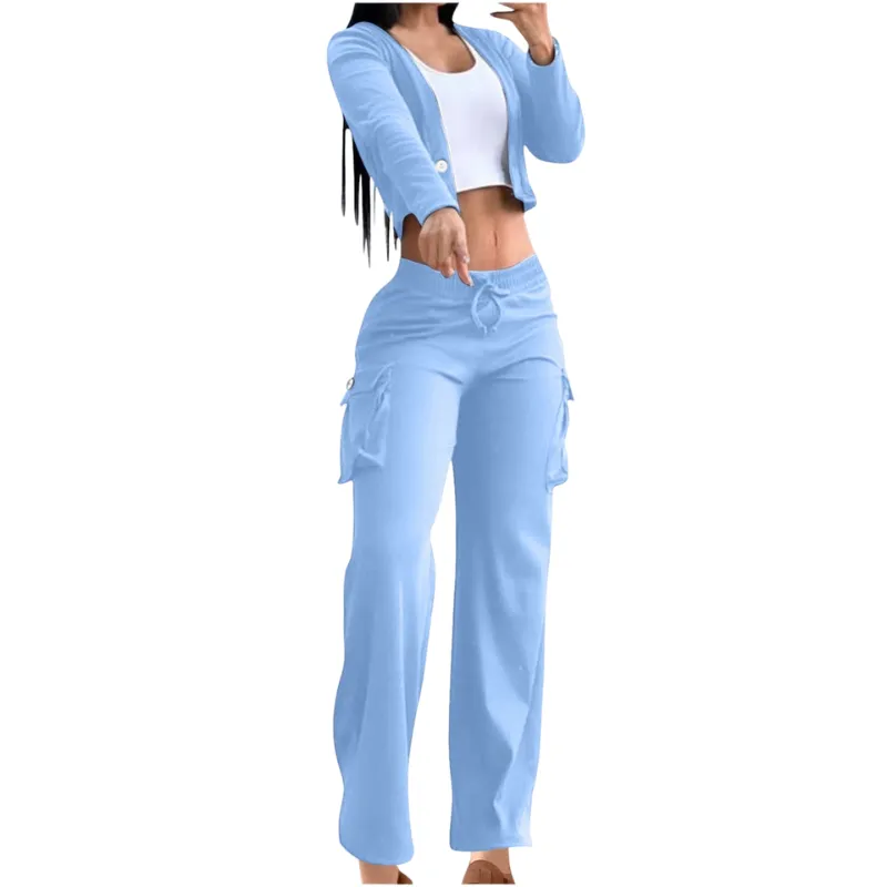 2 Piece Set for Women Casual Suit Cardigan Button with Pocket