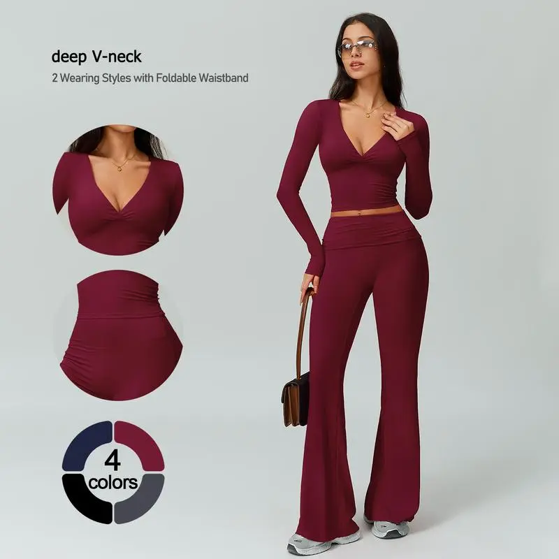 Elegant Casual V-Neck Long Sleeve Basic Two-Piece Outfit Set