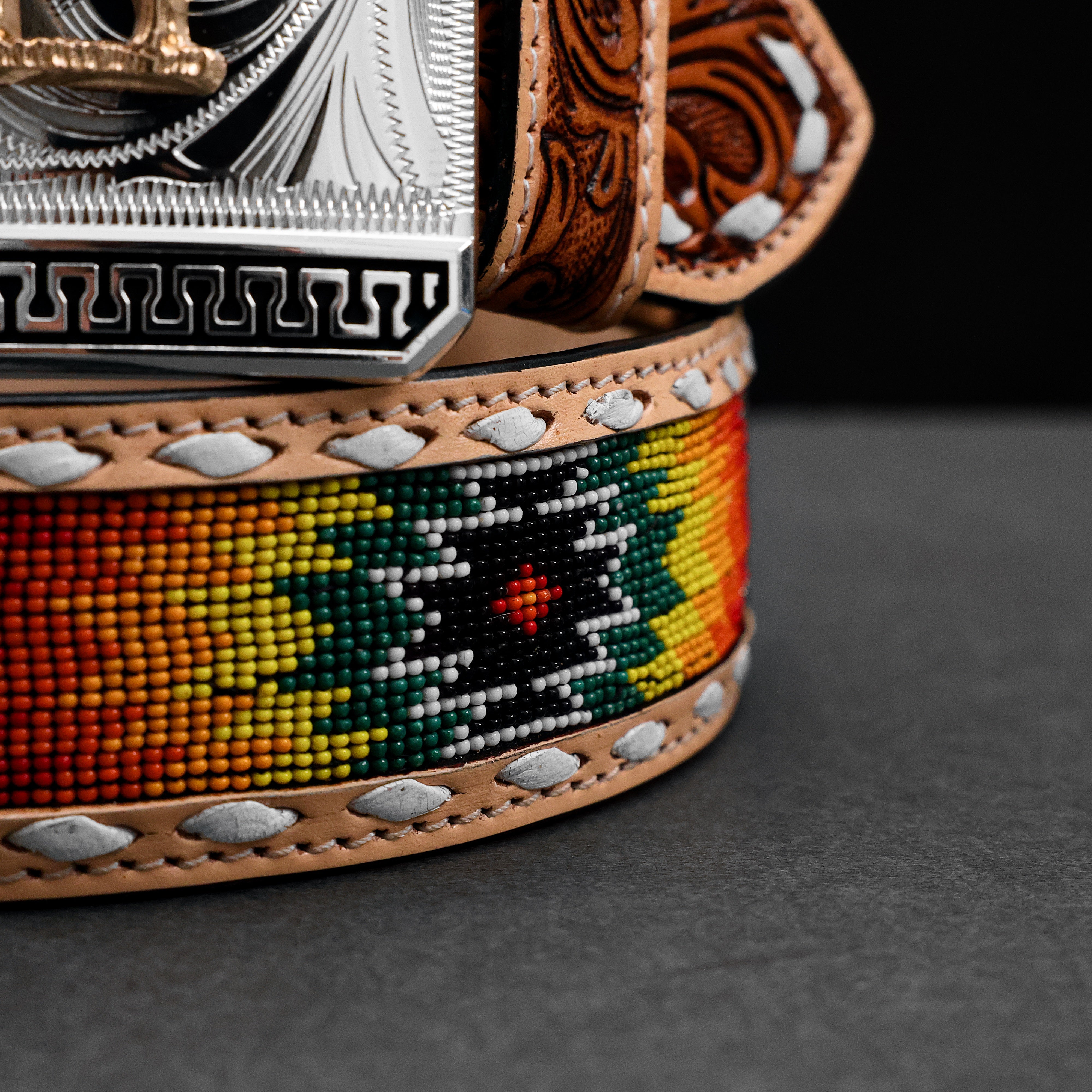 2 Inch Hand-Tooled Artesanal Beaded Leather Belt