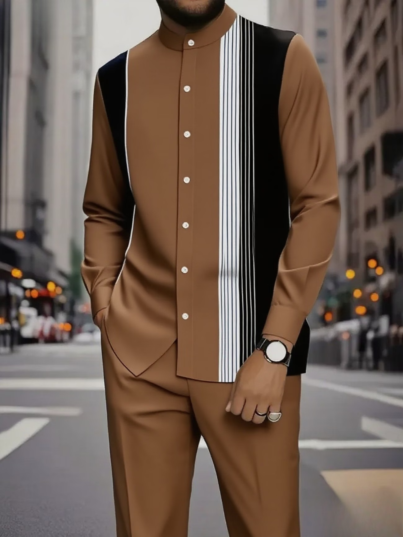 Men’s Black & White Stripe Button-Up Shirt and Drawstring Pants 2-Piece Set