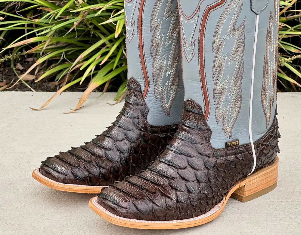 Mens Brown Python Leather Boots With Gray Shaft