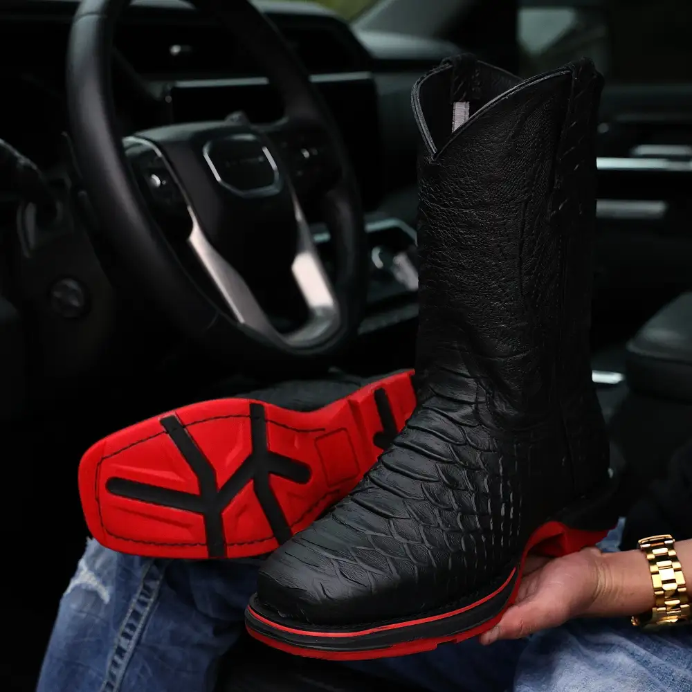 Matte Black Anaconda Leather Boots With 3D Lightweight Sole