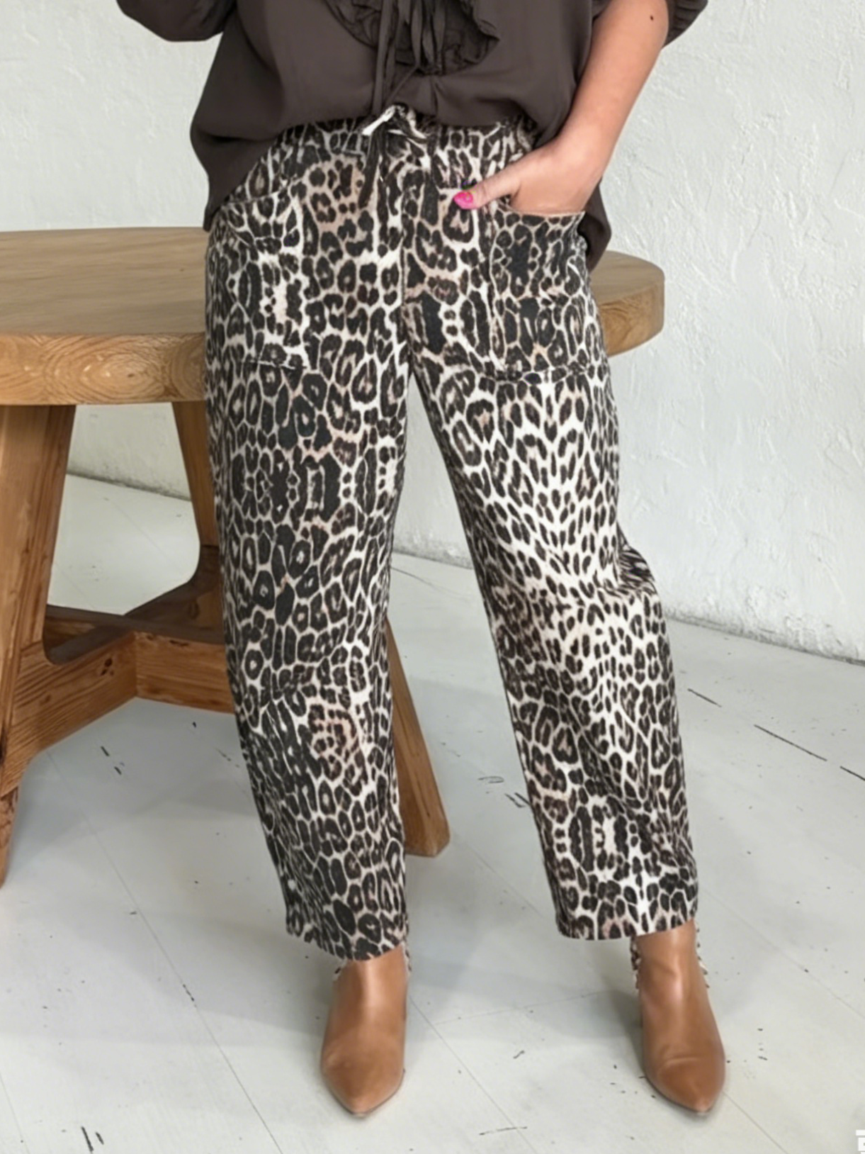 Casual Cozy Leopard Print Stretch Cotton Straight Leg Pants