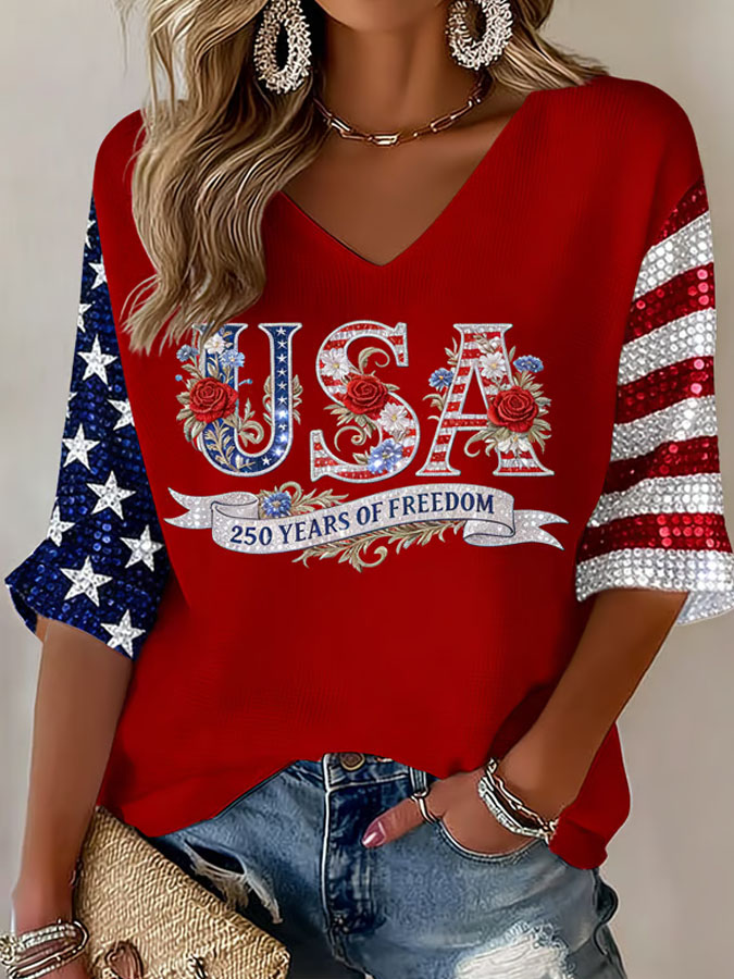 Women'S 250Th Anniversary Printed V-Neck Top For The Founding Of The United States