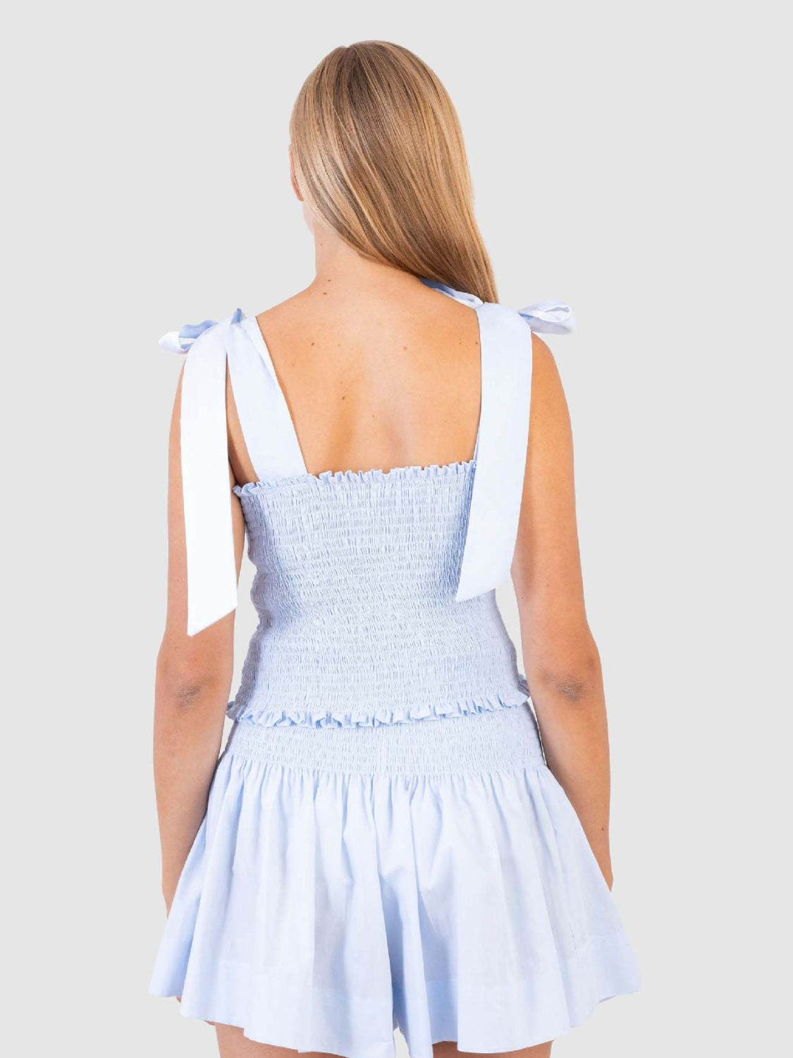 Smocked Tie Shoulder Top And Mini Skirt Set