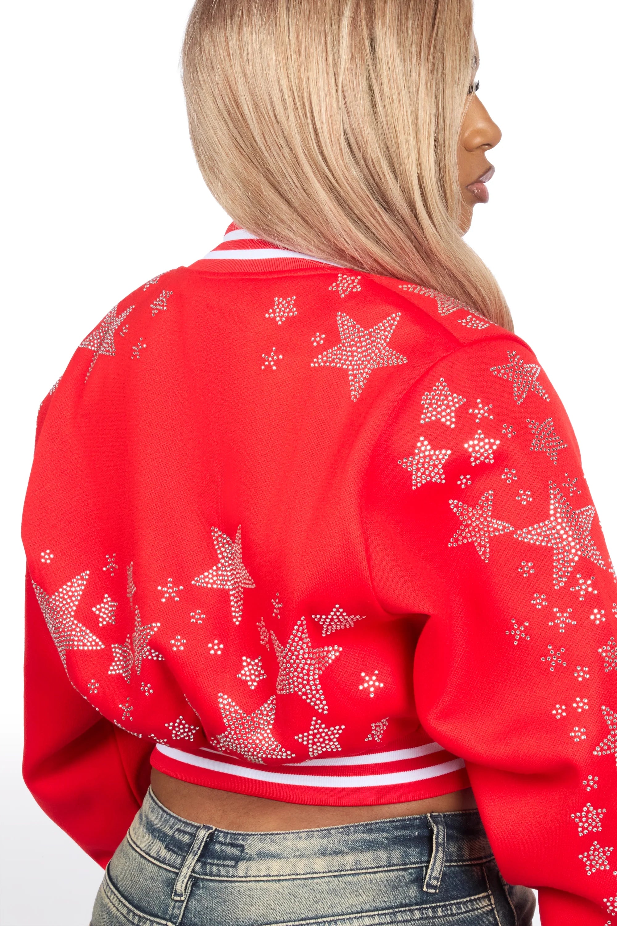 Shanda Red Crop Rhinestone Varsity Jacket