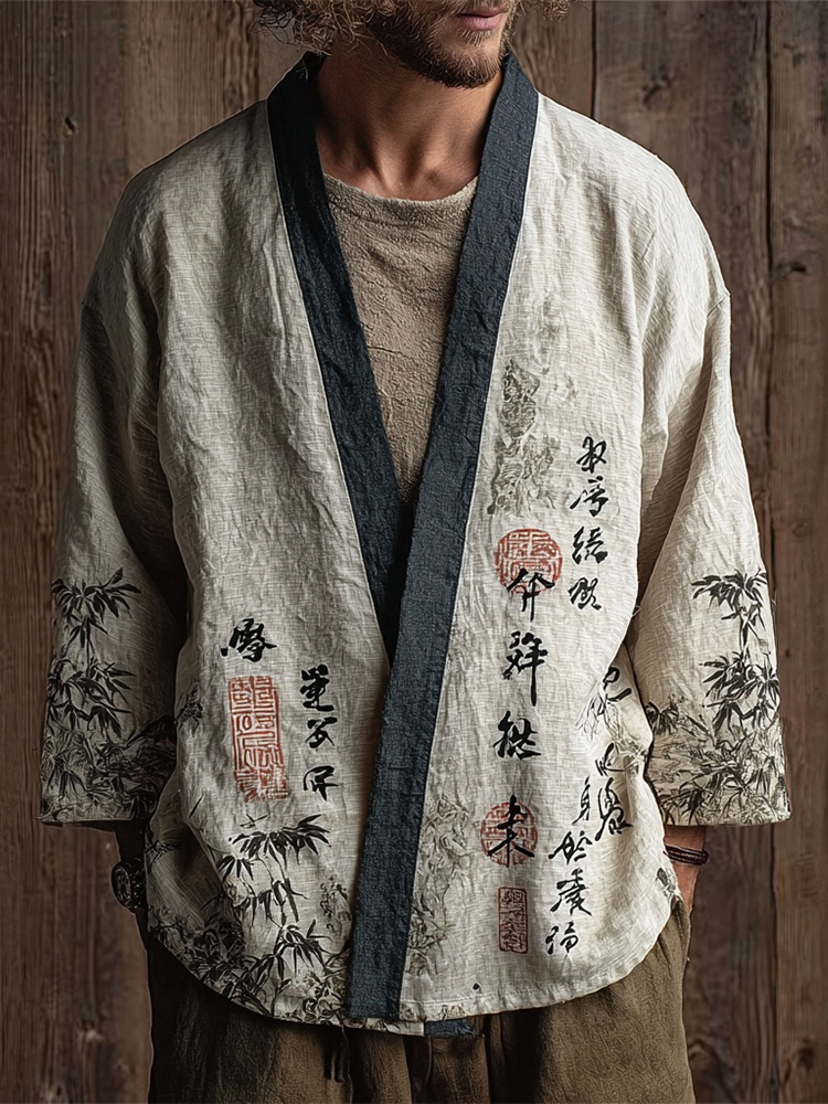 Men's Vintage Japanese Bamboo Calligraphic Pattern Linen Kimono