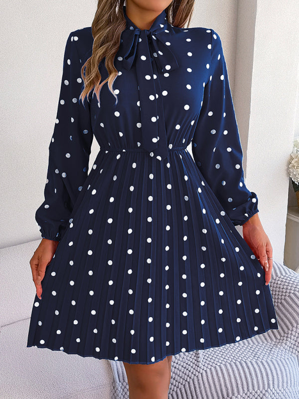 Elegant Polka-Dot Lace-Up Waist Long-Sleeved Pleated Skirt