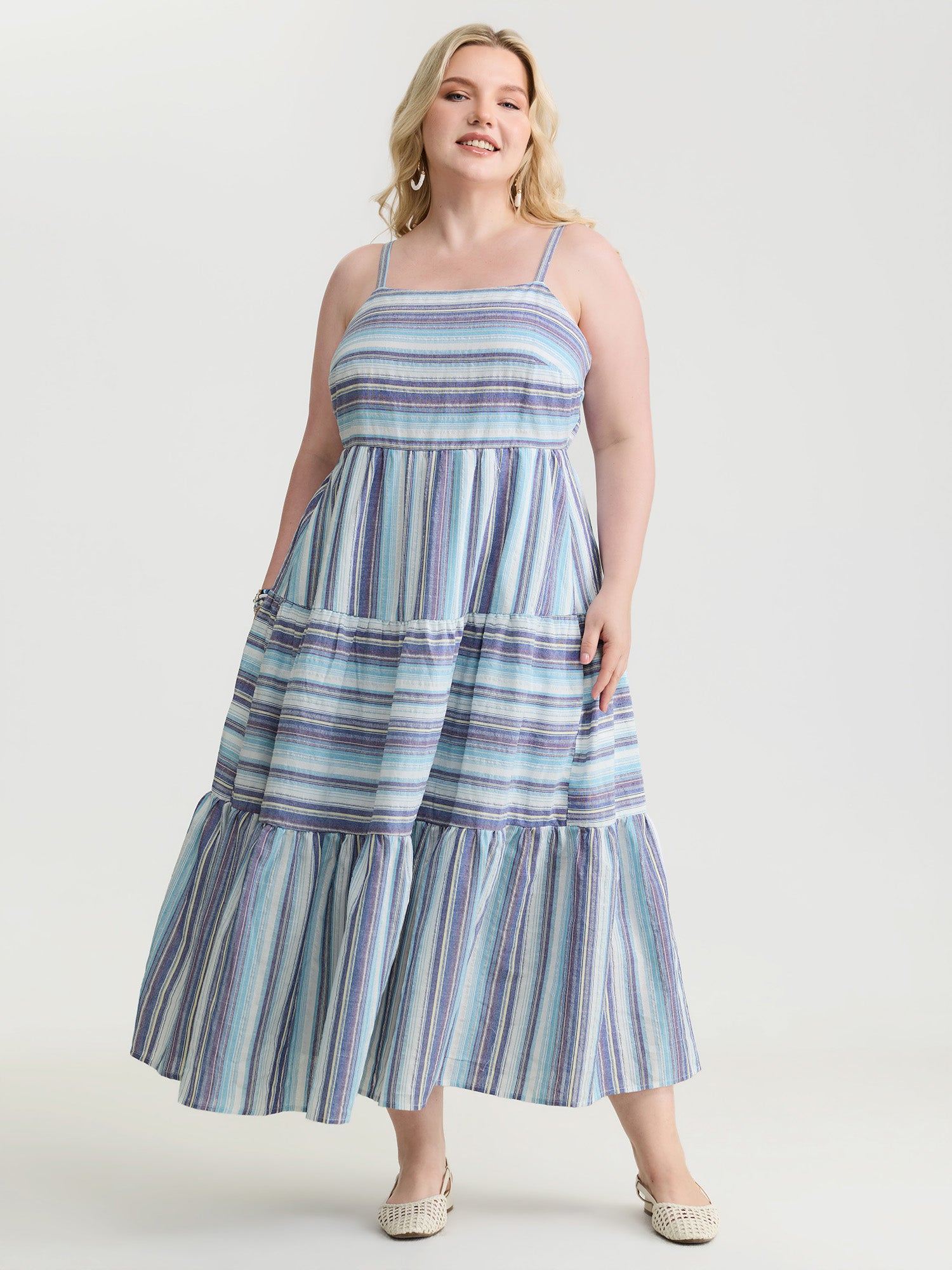 Pure Cotton Asymmetrical Stripes Open Back Midi Dress