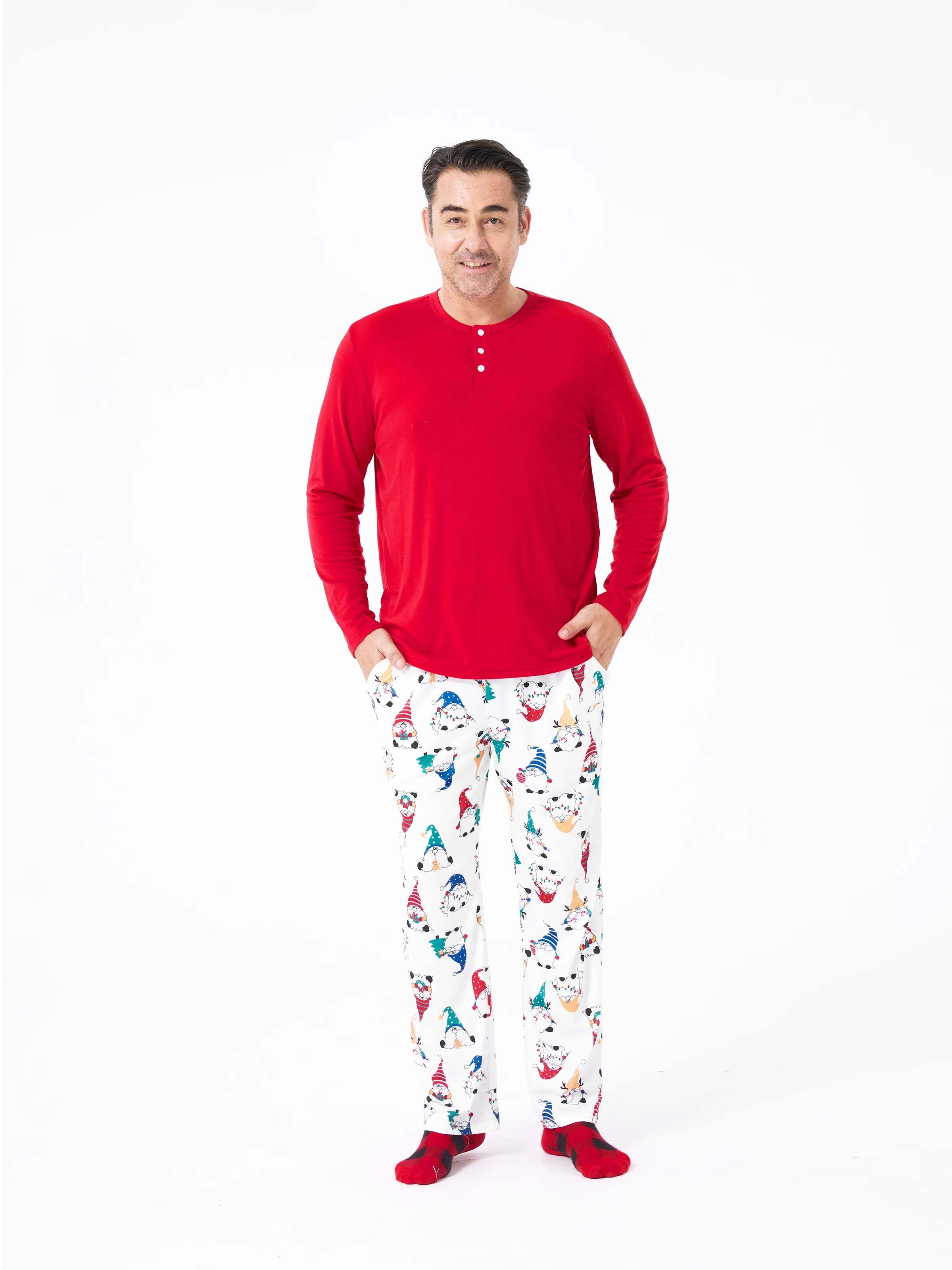 Christmas Matching Family Pajamas Set Christmas Gnome Print PJS with Christmas Socks Red