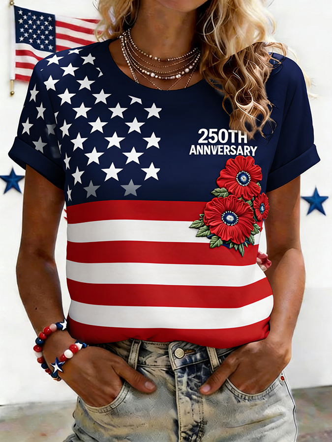 Women's 250th Anniversary Poppy Floral American Flag T-Shirt