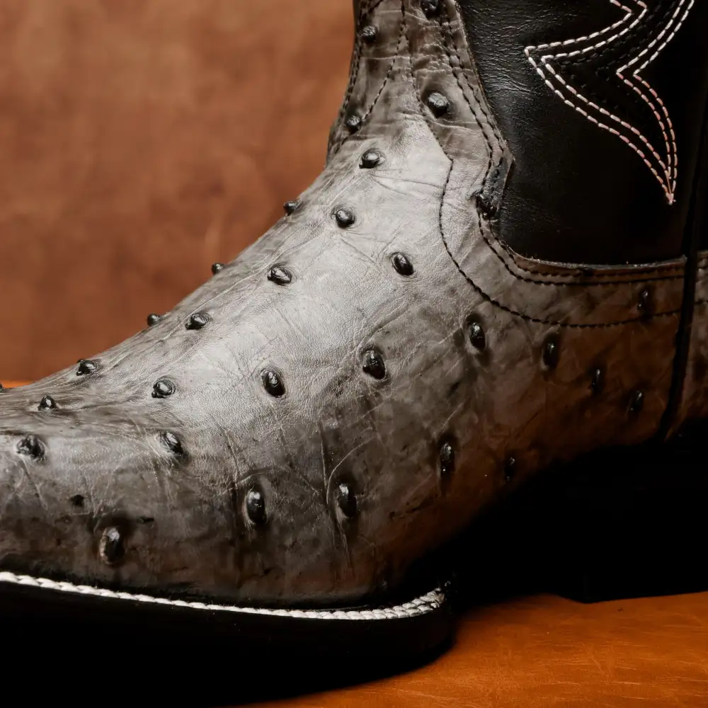 Grey Ostrich Leather Boots - Square Toe