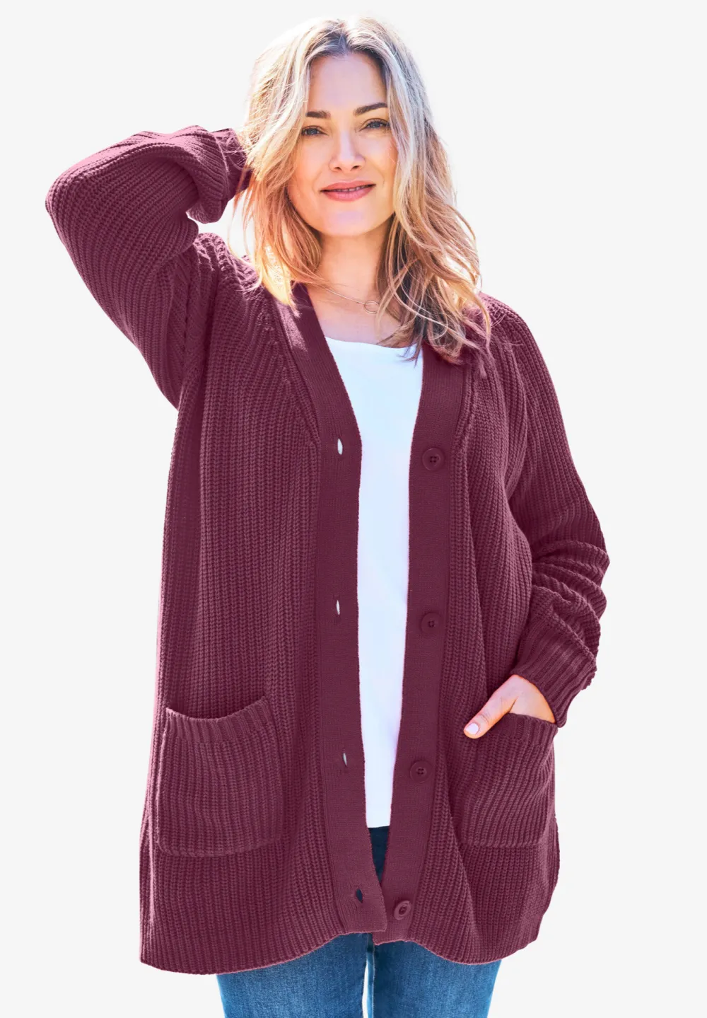 Button-Front Shaker Cardigan