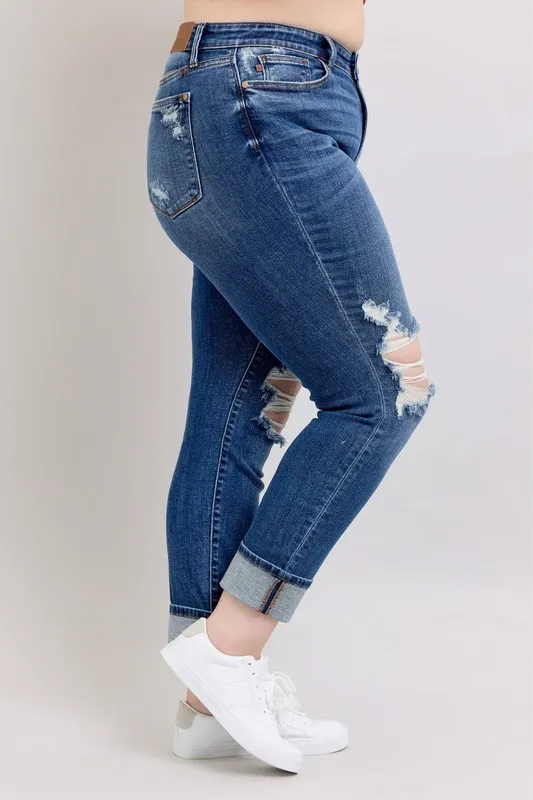 Blue Full Size Midi Rise Boyfriend destroy Jeans with Yoke Pockets and Faux Selvedge Cuff Plus Size