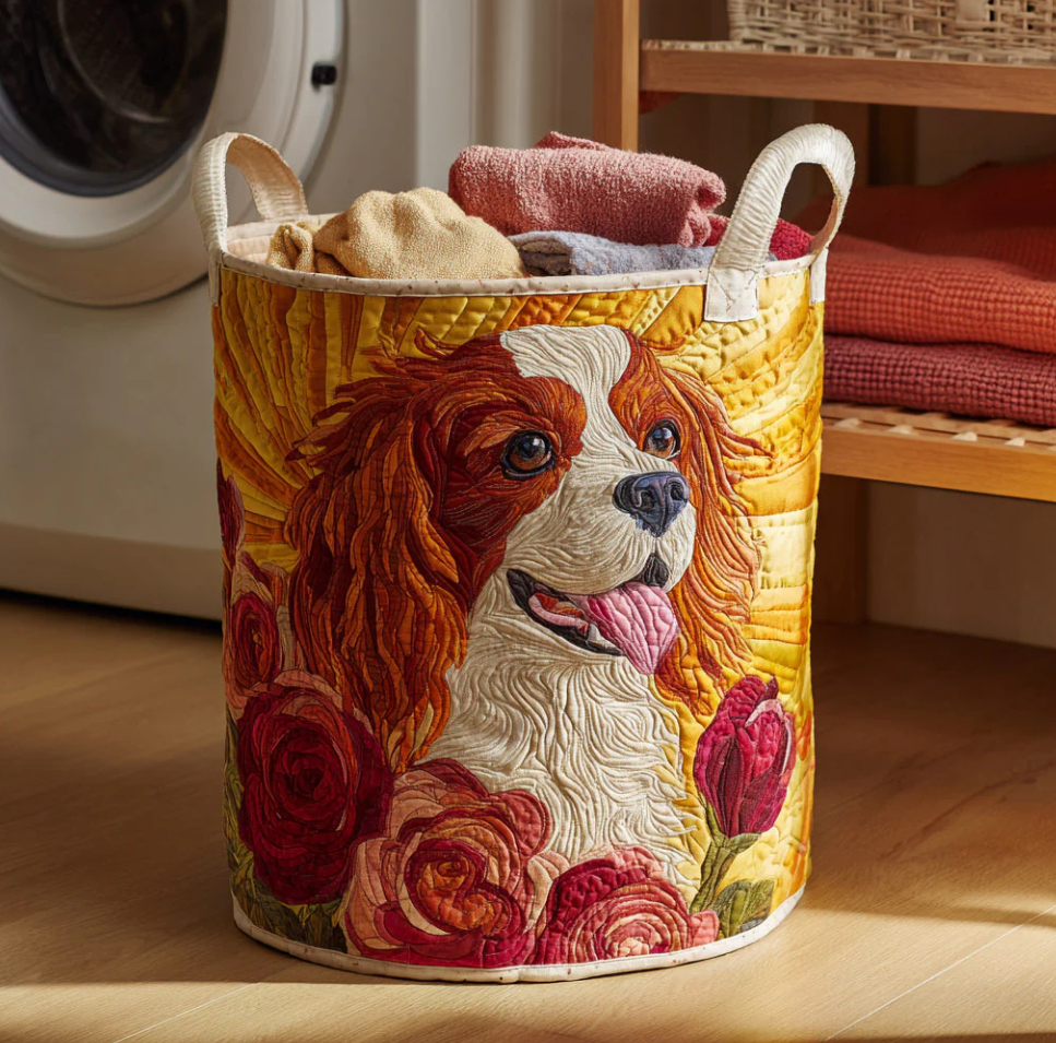 Vivid Cavalier King Charles Spaniel Pattern Quilted Laundry Basket Eco-Friendly Machine Washable Storage Organizer for Home Bathroom Bedroom | Dog