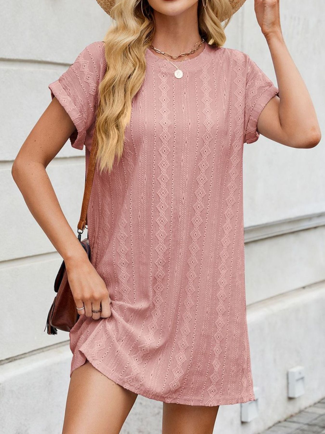 Eyelet Round Neck Casual Mini Dress