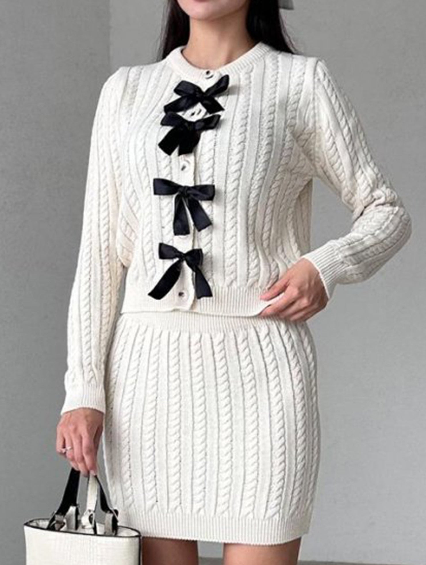 Cable Knit Cardigan Skirt Two Piece Set_CWSTB01065