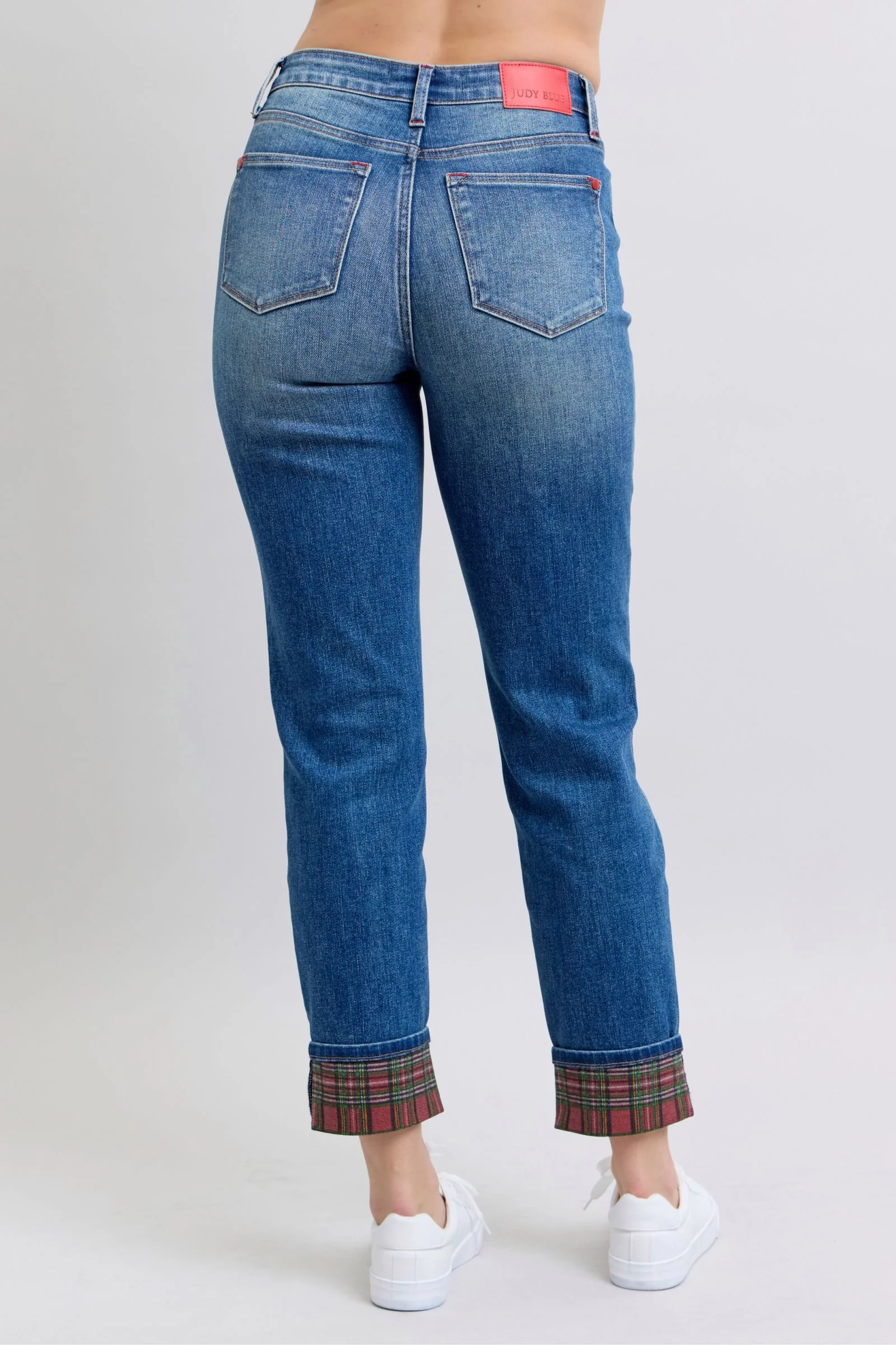 Blue Full Size Plaid Print Cuff Straight Leg Jeans with Pockets