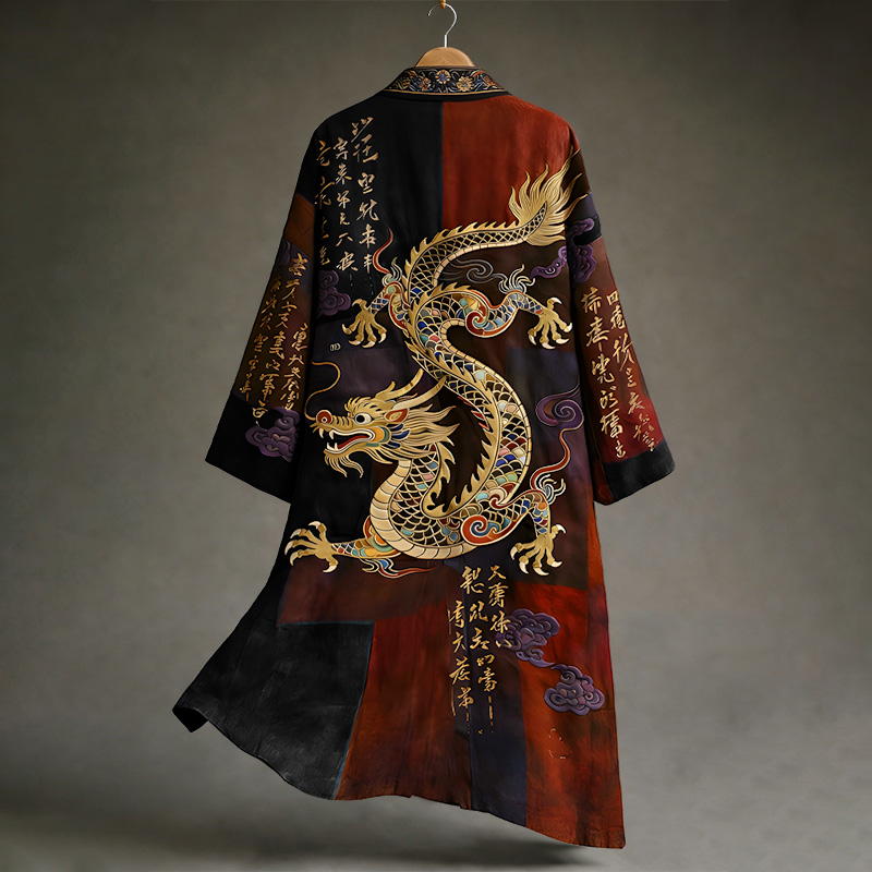 Men's Vintage Japanese Calligraphy Dragon Art Pattern Linen Blend Kimono