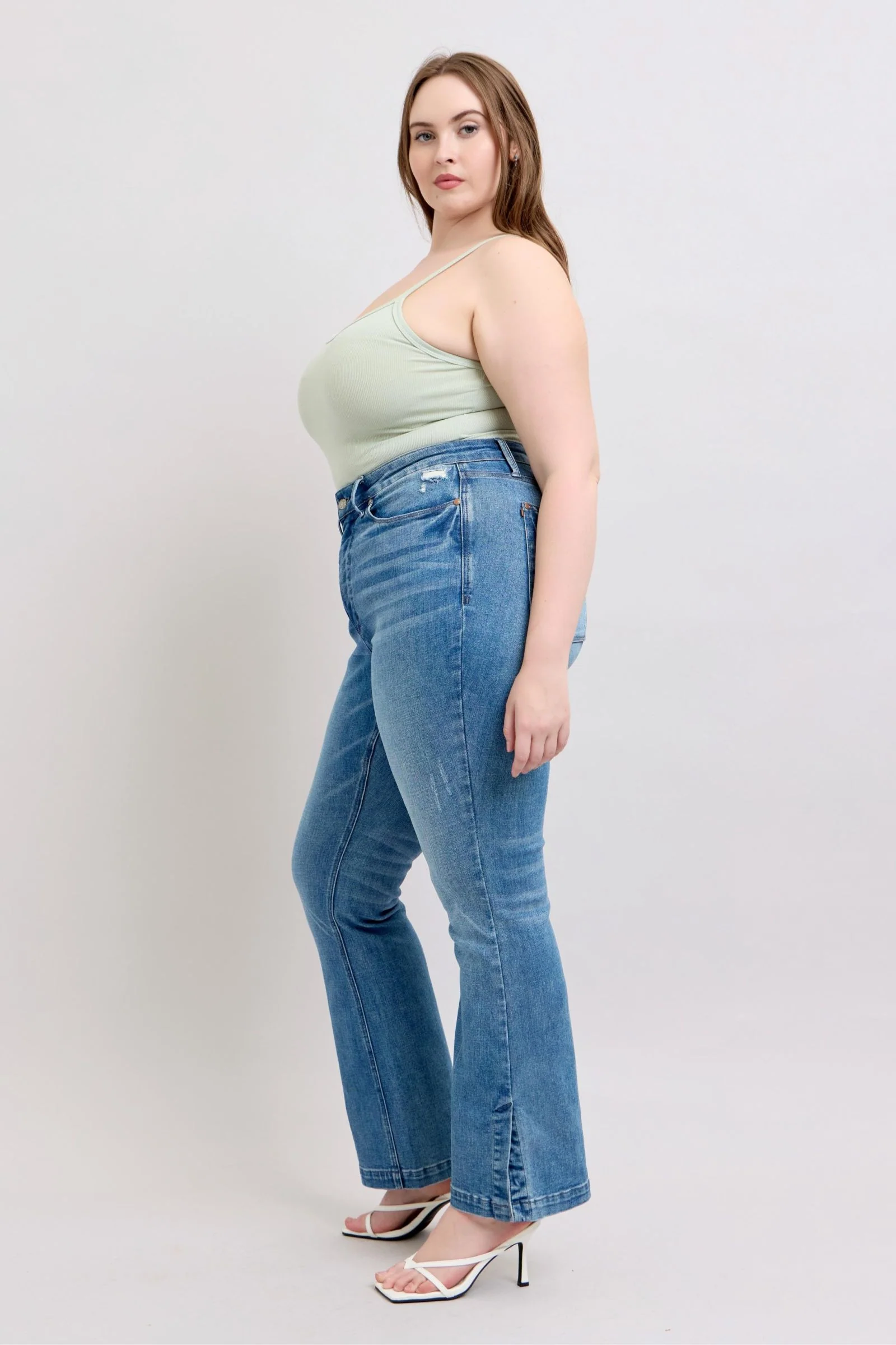 Blue Full Size High Waist Tummy Control Vintage Wash Side Slit Slim Boot Jeans