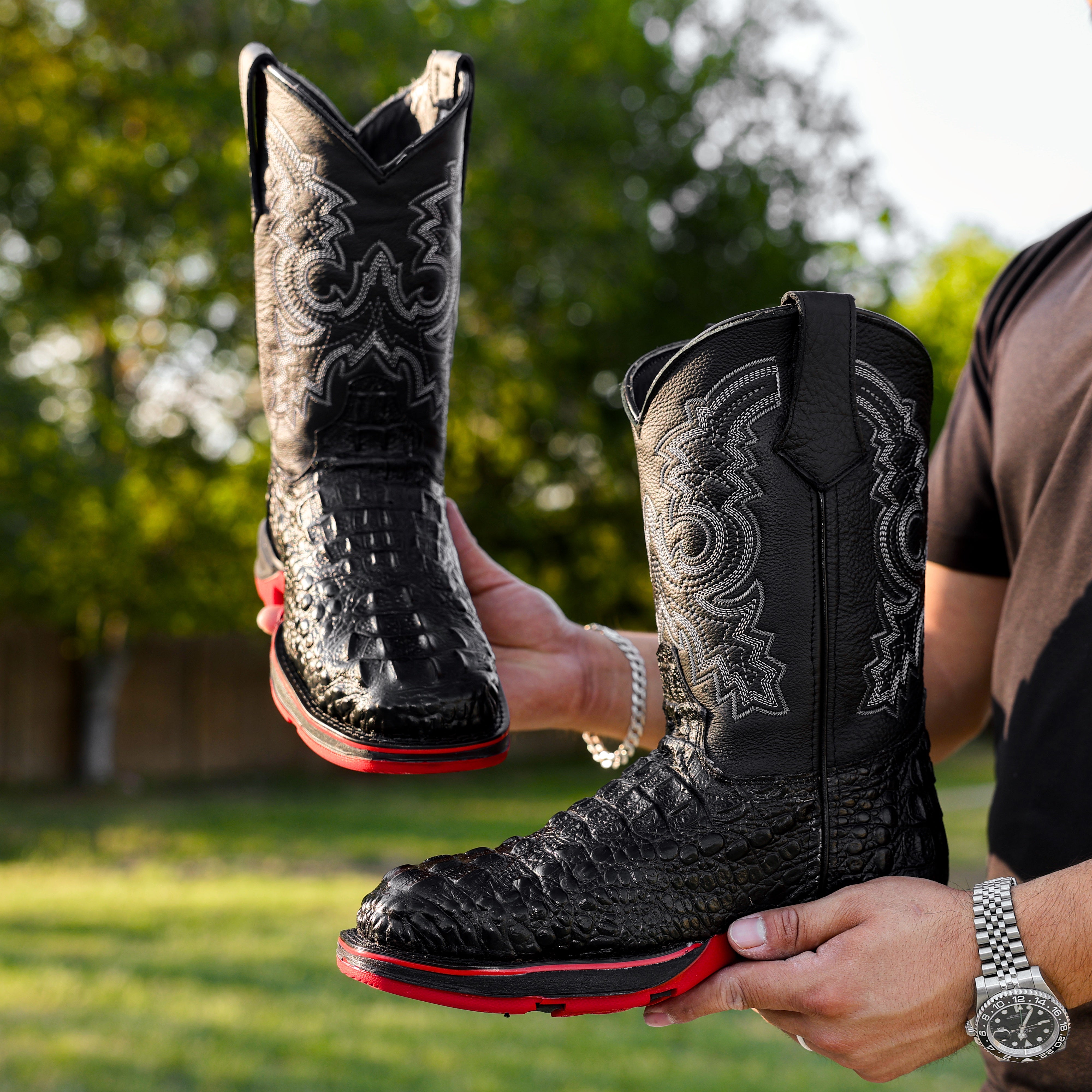 Black Caiman Neck Leather Boots With 3D Lightweight Sole - Composite Toe