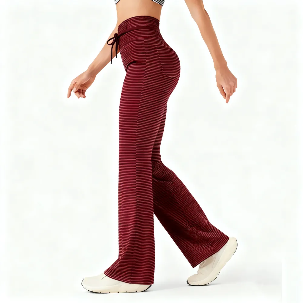 High Waisted Drawstring Stripe Flare Yoga Pants with Pockets