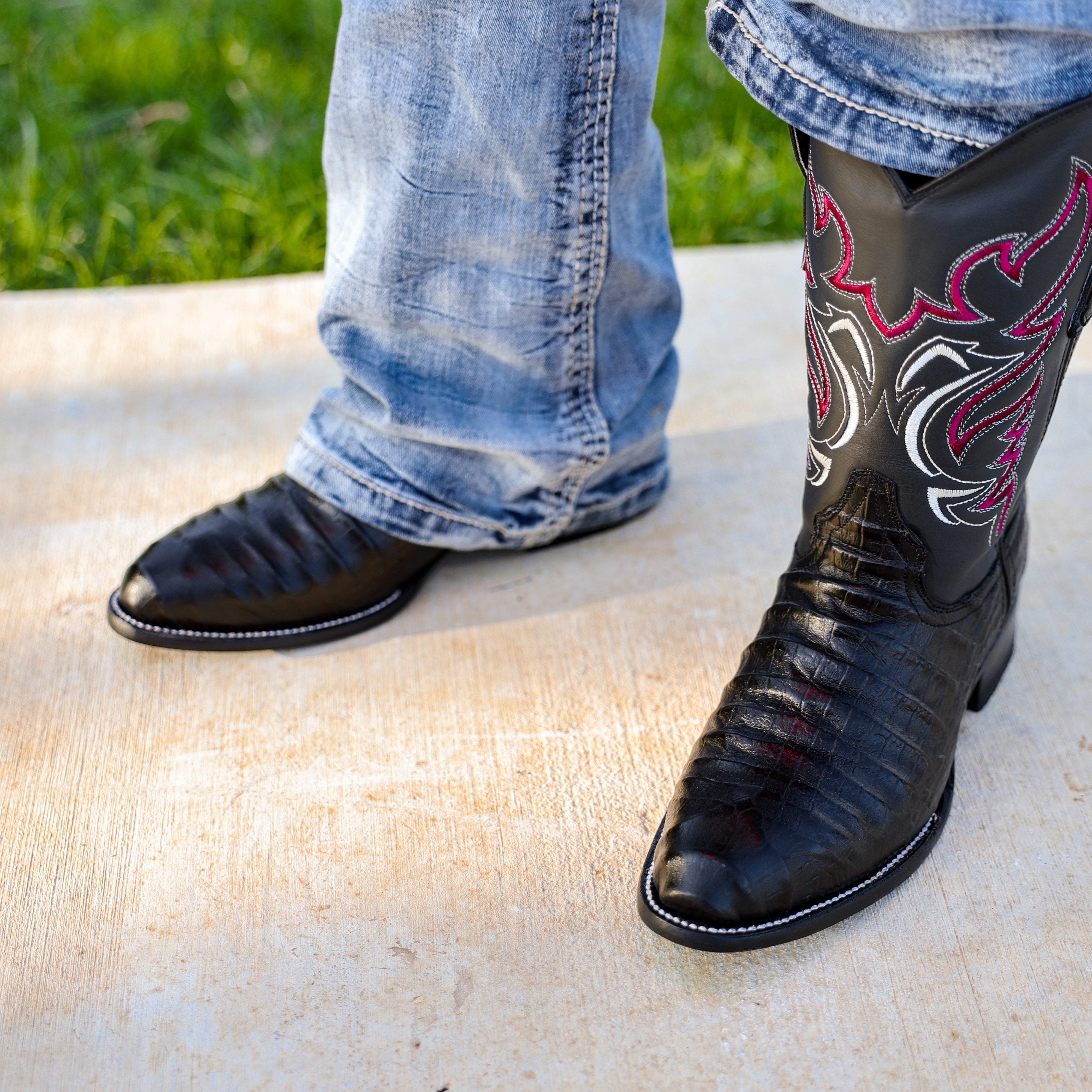 Black Caiman Belly Leather Boots - Round Toe