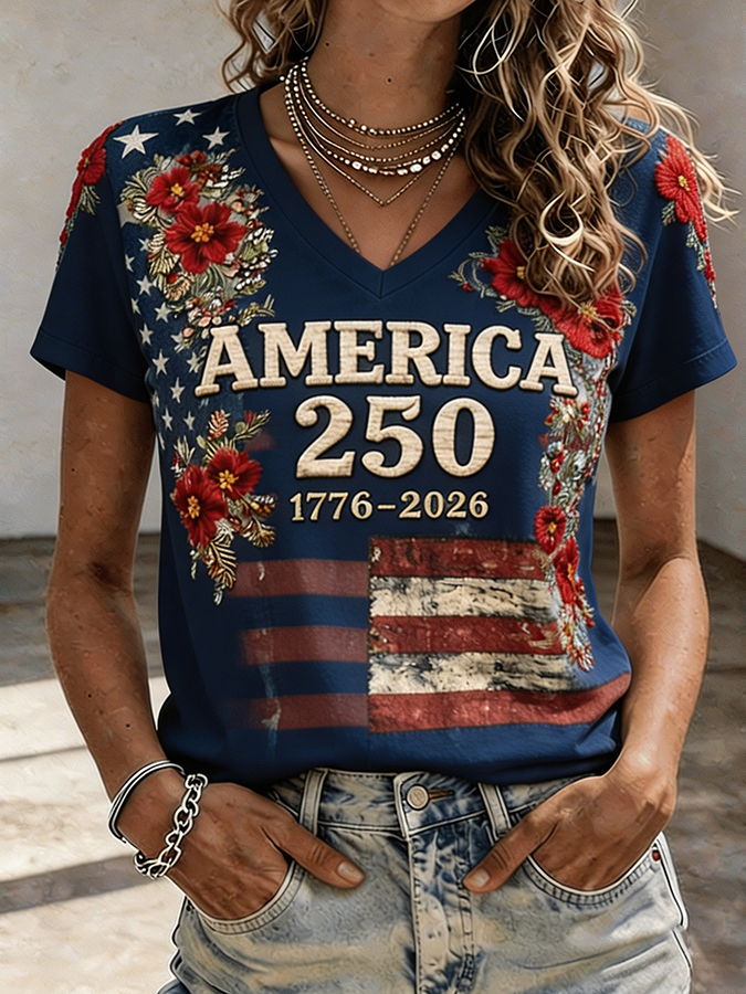 Women's Patriotic 1776-2026 America 250 Floral Embroidered V-Neck T-Shirt