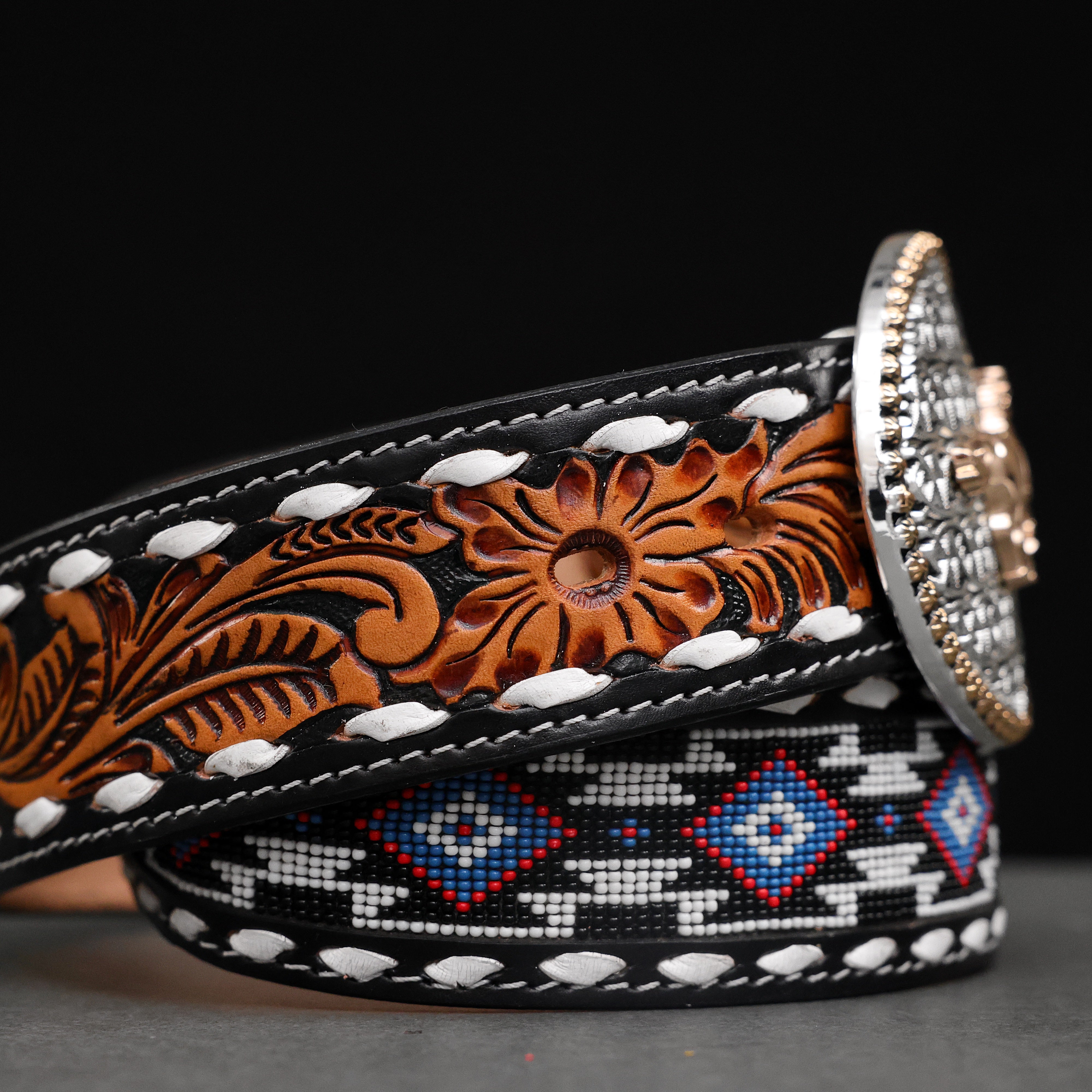 2 Inch Hand-Tooled Artesanal Beaded Leather Belt