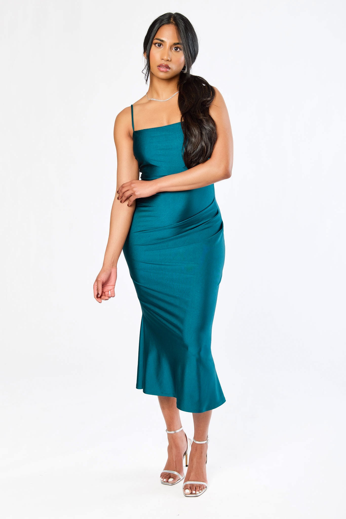 Satin Jersey Midi Dress with Flared Hem