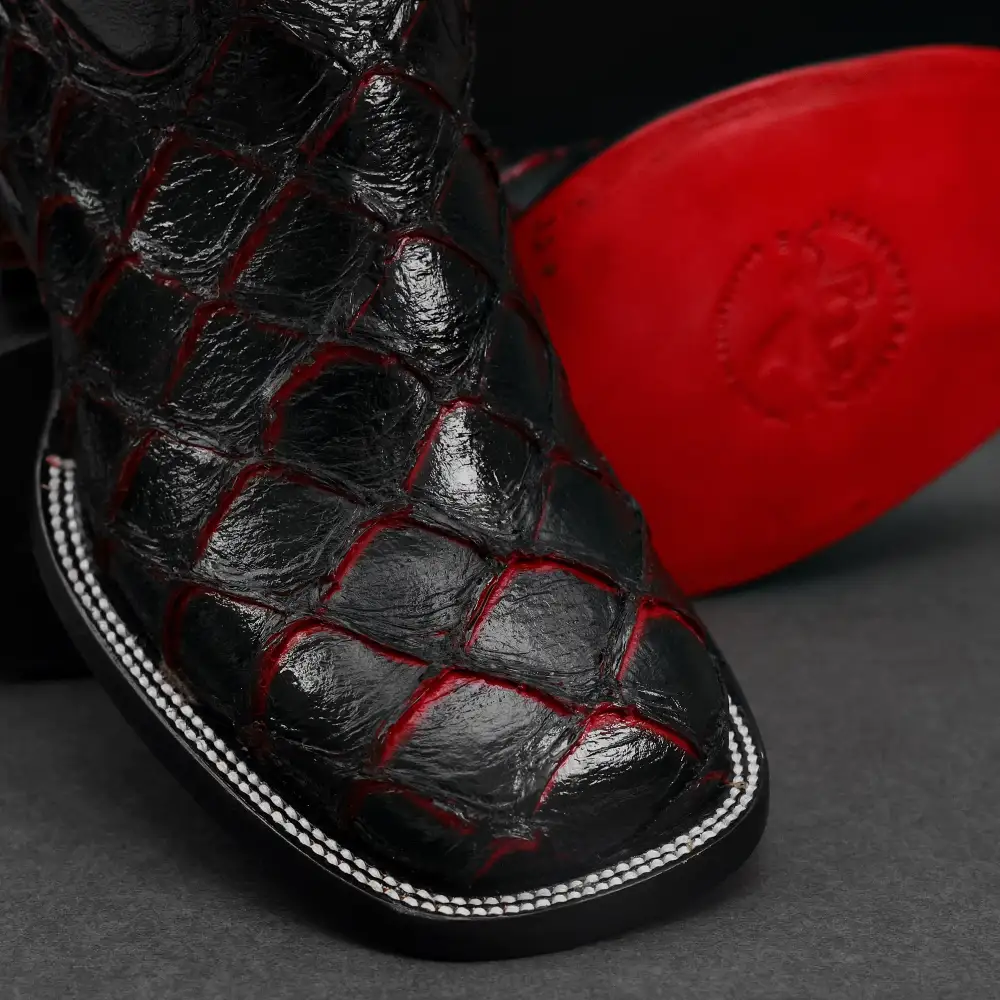 Black/Red TBR Pirarucu Leather Boots - Square Toe